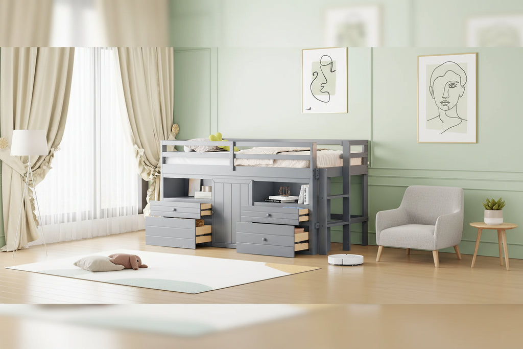 Gray Twin Size Solid Wood Loft Bed with 4 Drawers, Underneath Cabinet and Shelves