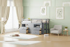 Gray Twin Size Solid Wood Loft Bed with 4 Drawers, Underneath Cabinet and Shelves