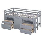 Cama alta de madera maciza gris tamaño twin con 4 cajones, armario inferior y estantes
