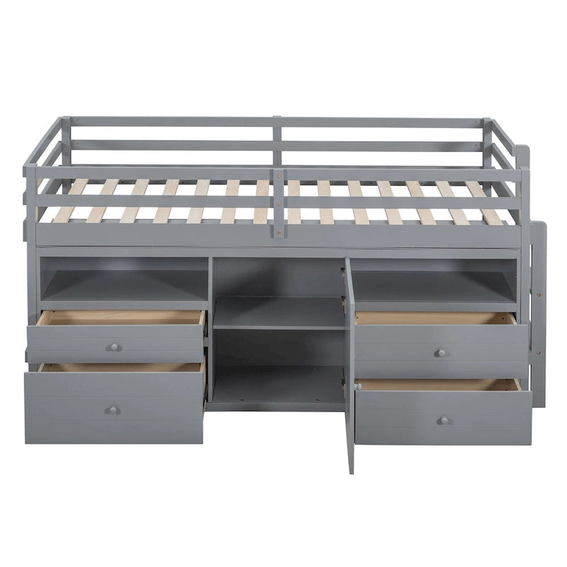 Cama alta de madera maciza gris tamaño twin con 4 cajones, armario inferior y estantes