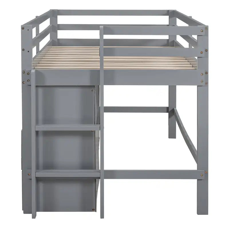 Cama alta de madera maciza gris tamaño twin con 4 cajones, armario inferior y estantes