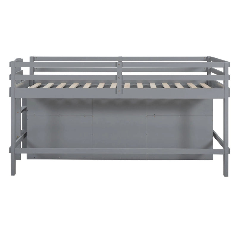 Cama alta de madera maciza gris tamaño twin con 4 cajones, armario inferior y estantes