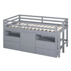 Cama alta de madera maciza gris tamaño twin con 4 cajones, armario inferior y estantes