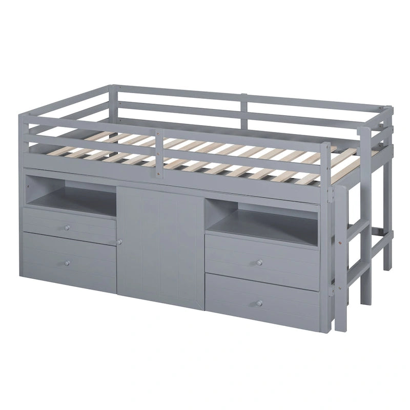 Cama alta de madera maciza gris tamaño twin con 4 cajones, armario inferior y estantes