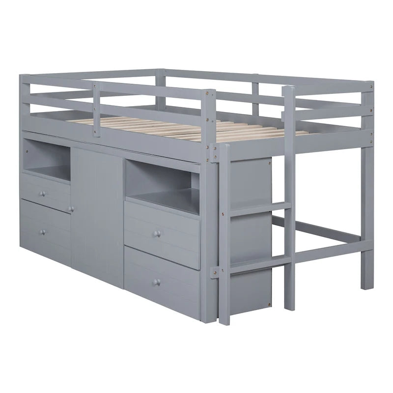 Cama alta de madera maciza gris tamaño twin con 4 cajones, armario inferior y estantes