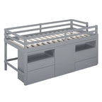 Cama alta de madera maciza gris tamaño twin con 4 cajones, armario inferior y estantes