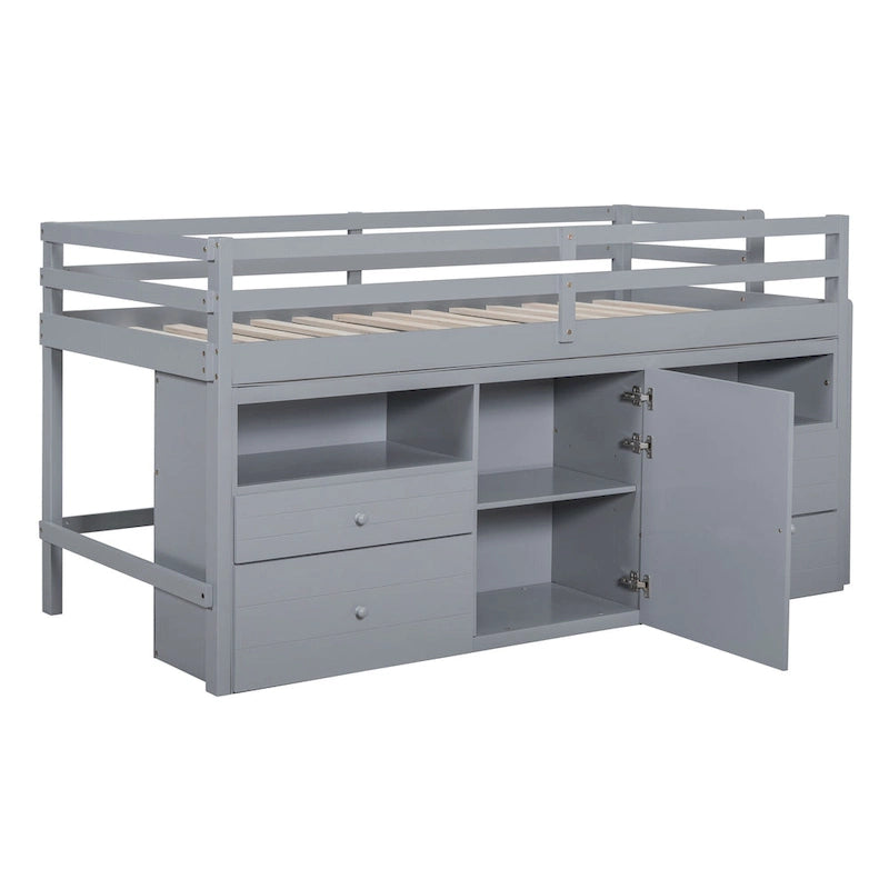 Cama alta de madera maciza gris tamaño twin con 4 cajones, armario inferior y estantes