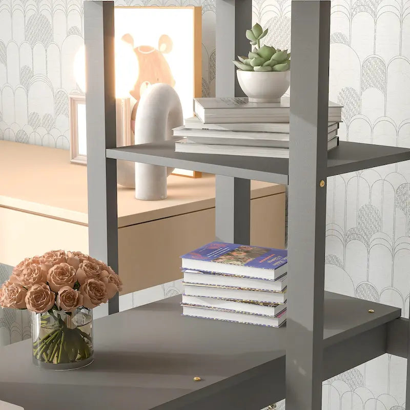 Cama Loft de Madera Tamaño Matrimonial Gris con Escritorio Integrado, Barandillas de Seguridad y Escalera para Niños y Niñas