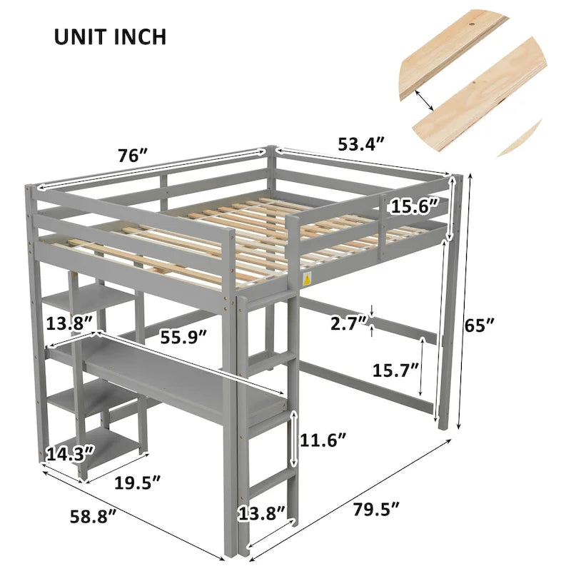 Cama Loft de Madera Tamaño Matrimonial Gris con Escritorio Integrado, Barandillas de Seguridad y Escalera para Niños y Niñas