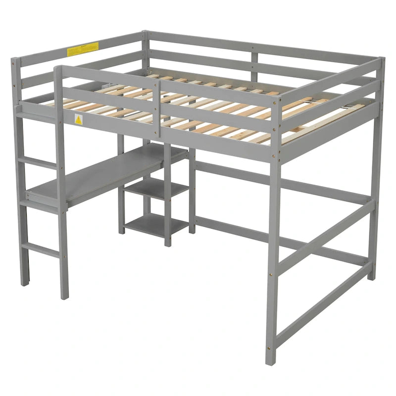 Cama Loft de Madera Tamaño Matrimonial Gris con Escritorio Integrado, Barandillas de Seguridad y Escalera para Niños y Niñas