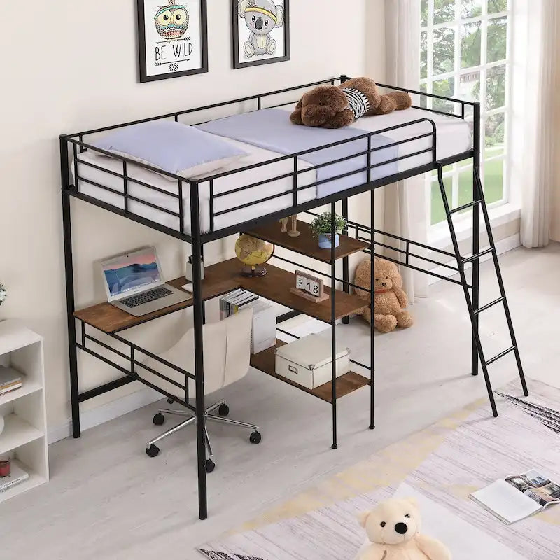 Cama alta metálica negra individual con escritorio y estantes incorporados para niños y niñas