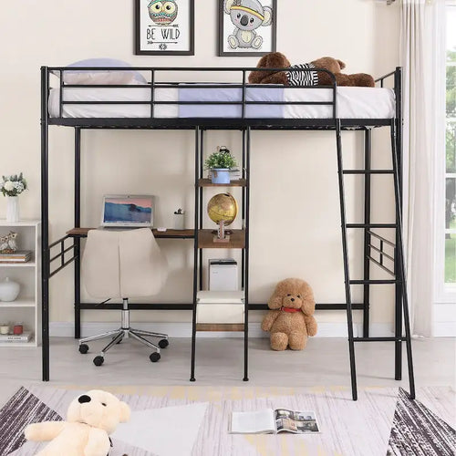 Cama alta metálica negra individual con escritorio y estantes incorporados para niños y niñas