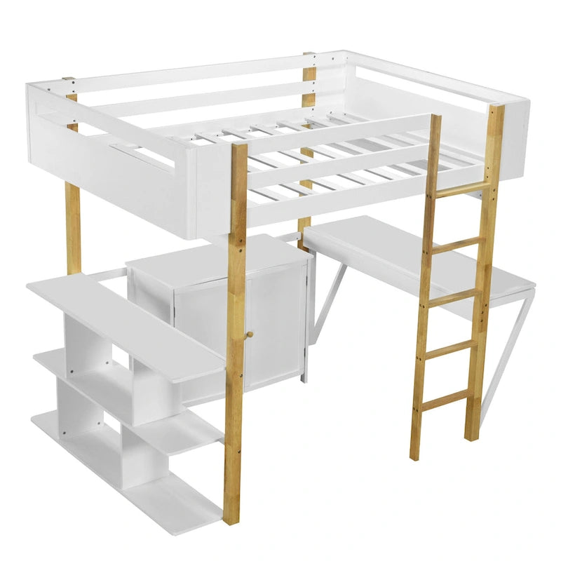 Cama alta de madera maciza blanca tamaño matrimonial con almacenamiento integrado y escritorio plegable