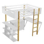Cama alta de madera maciza blanca tamaño matrimonial con almacenamiento integrado y escritorio plegable