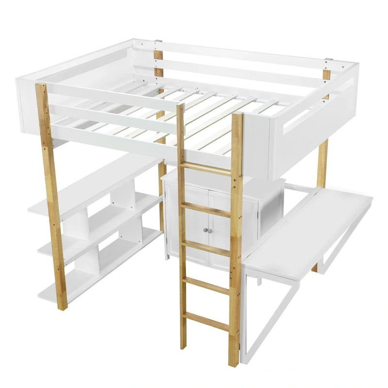 Cama alta de madera maciza blanca tamaño matrimonial con almacenamiento integrado y escritorio plegable
