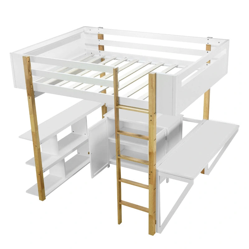 Cama alta de madera maciza blanca tamaño matrimonial con almacenamiento integrado y escritorio plegable