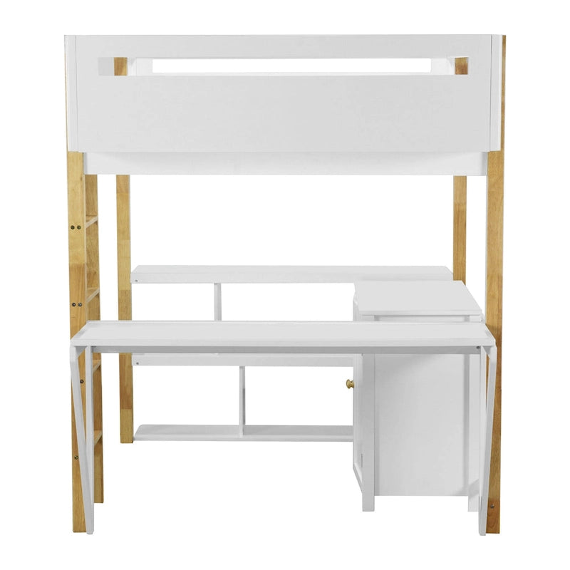 Cama alta de madera maciza blanca tamaño matrimonial con almacenamiento integrado y escritorio plegable