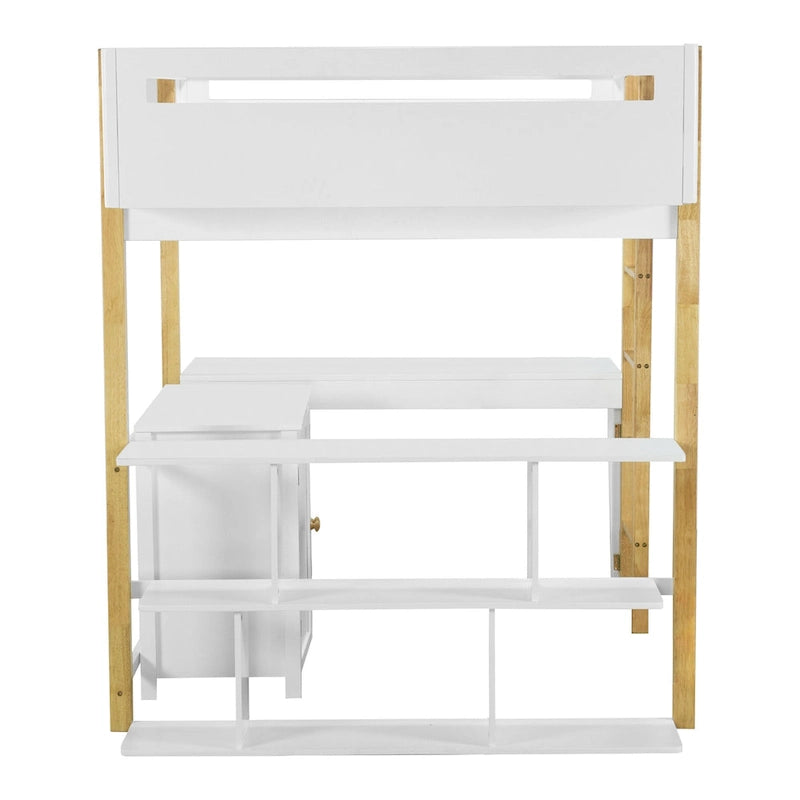 Cama alta de madera maciza blanca tamaño matrimonial con almacenamiento integrado y escritorio plegable