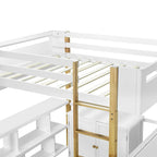 Cama alta de madera maciza blanca tamaño matrimonial con almacenamiento integrado y escritorio plegable