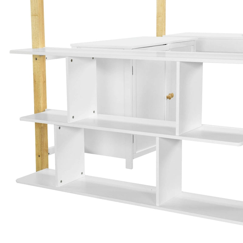 Cama alta de madera maciza blanca tamaño matrimonial con almacenamiento integrado y escritorio plegable