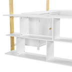 Cama alta de madera maciza blanca tamaño matrimonial con almacenamiento integrado y escritorio plegable