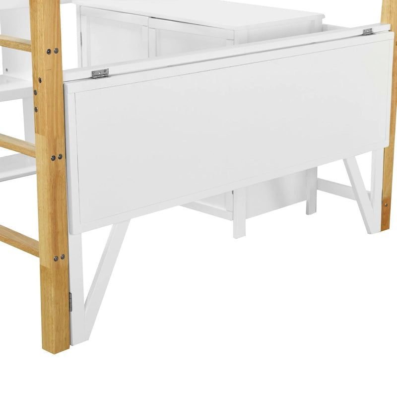 Cama alta de madera maciza blanca tamaño matrimonial con almacenamiento integrado y escritorio plegable