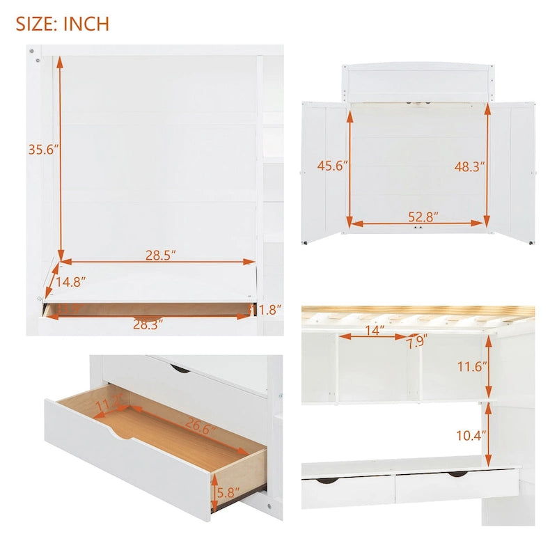 Cama alta de madera maciza blanca tamaño matrimonial con escritorio, armarios y estantes
