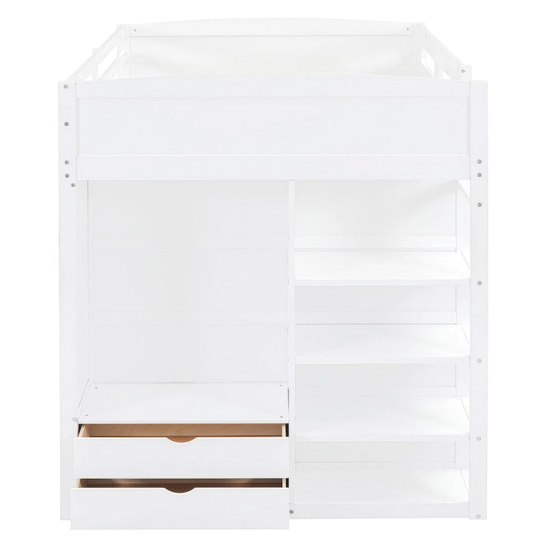 Cama alta de madera maciza blanca tamaño matrimonial con escritorio, armarios y estantes
