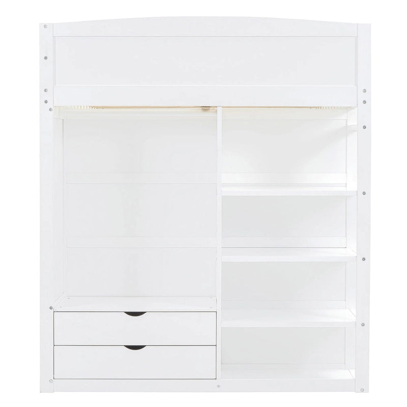 Cama alta de madera maciza blanca tamaño matrimonial con escritorio, armarios y estantes