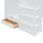 Cama alta de madera maciza blanca tamaño matrimonial con escritorio, armarios y estantes