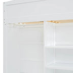 Cama alta de madera maciza blanca tamaño matrimonial con escritorio, armarios y estantes