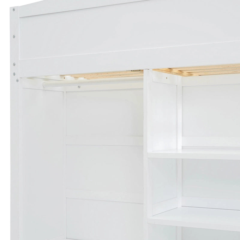 Cama alta de madera maciza blanca tamaño matrimonial con escritorio, armarios y estantes