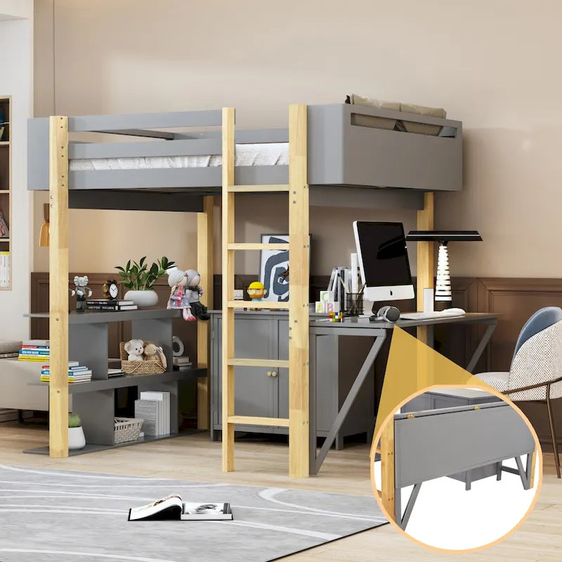 Cama tipo loft de madera maciza gris, tamaño individual, con almacenamiento integrado y escritorio plegable