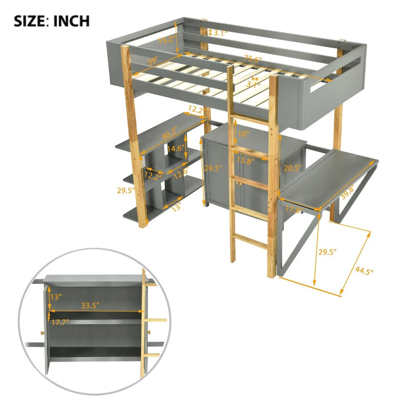 Cama tipo loft de madera maciza gris, tamaño individual, con almacenamiento integrado y escritorio plegable