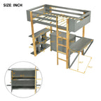 Cama tipo loft de madera maciza gris, tamaño individual, con almacenamiento integrado y escritorio plegable