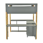 Cama tipo loft de madera maciza gris, tamaño individual, con almacenamiento integrado y escritorio plegable