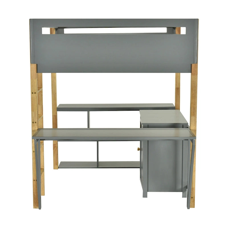 Cama tipo loft de madera maciza gris, tamaño individual, con almacenamiento integrado y escritorio plegable