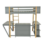 Cama tipo loft de madera maciza gris, tamaño individual, con almacenamiento integrado y escritorio plegable