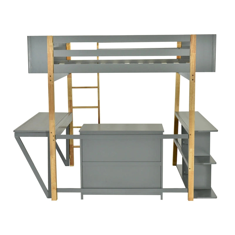 Cama tipo loft de madera maciza gris, tamaño individual, con almacenamiento integrado y escritorio plegable