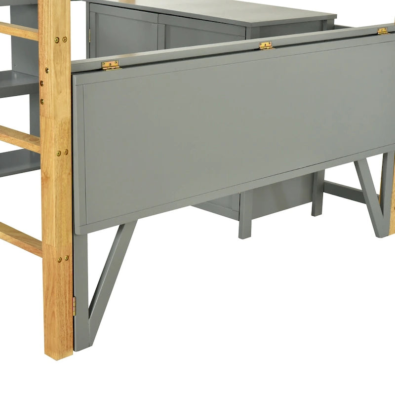 Cama tipo loft de madera maciza gris, tamaño individual, con almacenamiento integrado y escritorio plegable