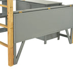 Cama tipo loft de madera maciza gris, tamaño individual, con almacenamiento integrado y escritorio plegable