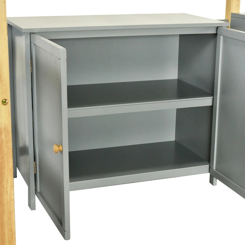 Cama tipo loft de madera maciza gris, tamaño individual, con almacenamiento integrado y escritorio plegable