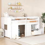 White Twin Size Solid Wood Low Loft Bed with Stairs