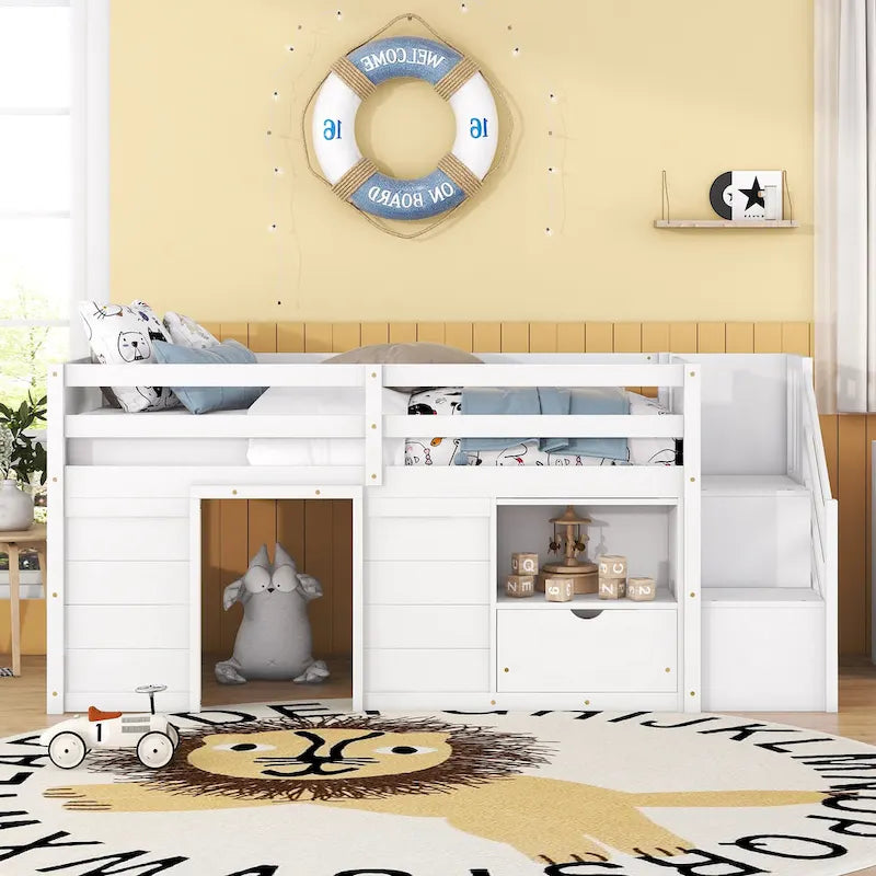 Cama alta baja de madera maciza blanca tamaño individual con escaleras