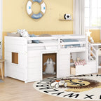 Cama alta baja de madera maciza blanca tamaño individual con escaleras
