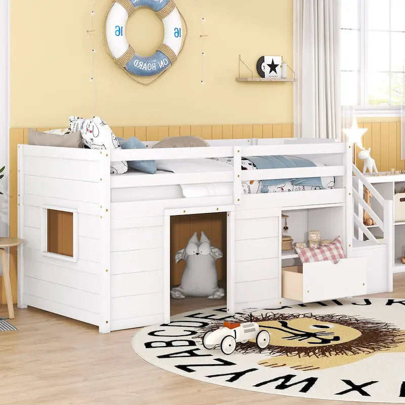 Cama alta baja de madera maciza blanca tamaño individual con escaleras