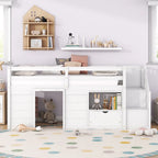 Cama alta baja de madera maciza blanca tamaño individual con escaleras