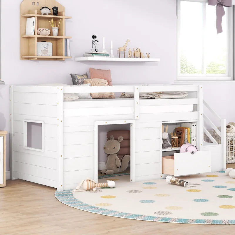 Cama alta baja de madera maciza blanca tamaño individual con escaleras
