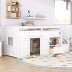 Cama alta baja de madera maciza blanca tamaño individual con escaleras