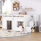 Cama alta baja de madera maciza blanca tamaño individual con escaleras